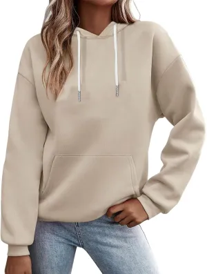 Women's Regular Fit Hoodie Solid Color Loose Drawstring Hooded Long Sleeve Pullover Tops Fall Warm Fleece Sweatshirts