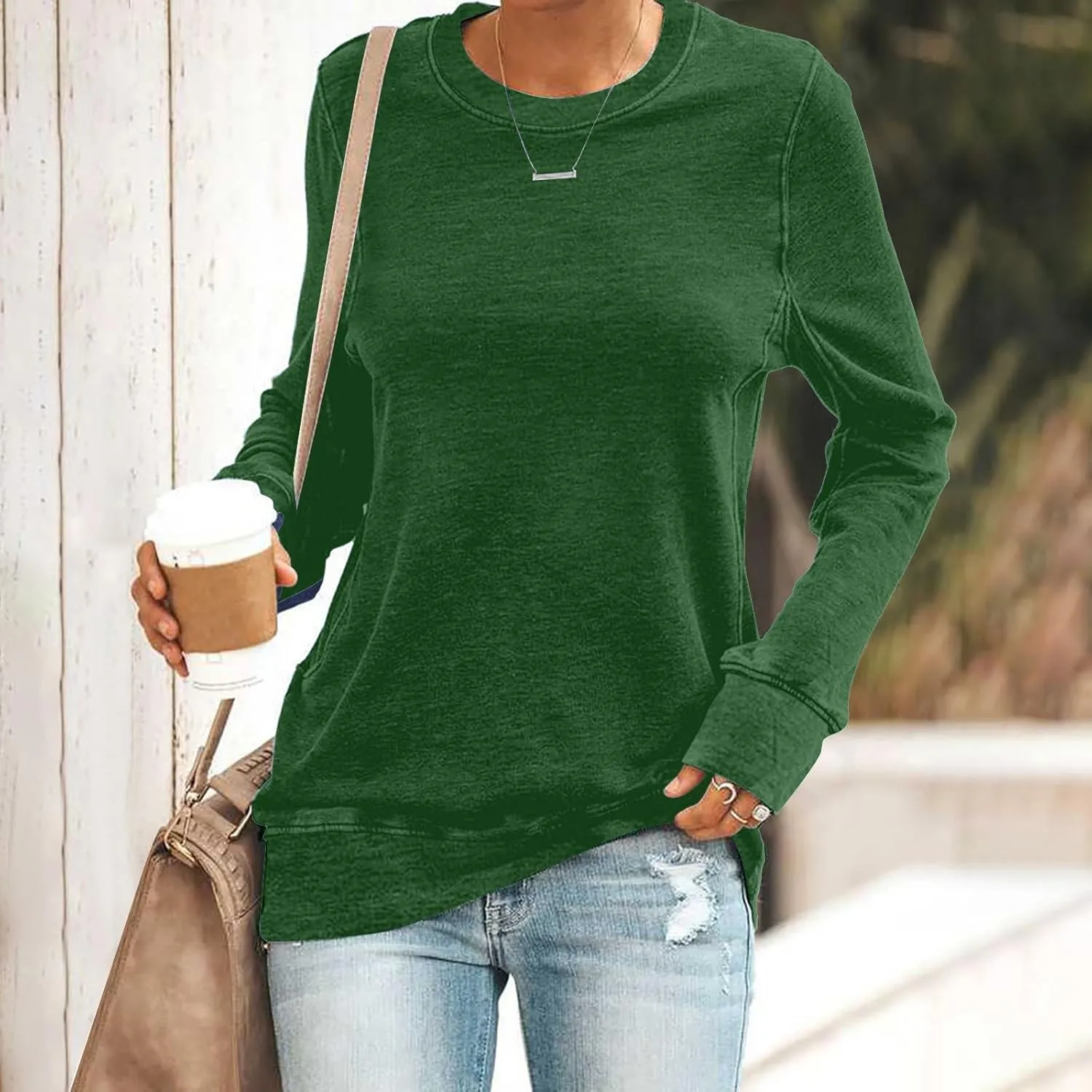 Women's Regular Fit Sweatshirts Fall Casual Loose Solid Color Long Sleeve Crewneck Tops Lightweight Workout Pullovers