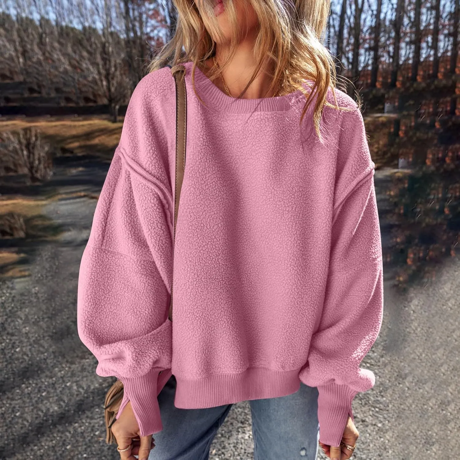Women's Sherpa Fleece Oversized Sweatshirts Drop Shoulder Long Sleeve Hoodies Crewneck Warm Fuzzy Sweatshirt