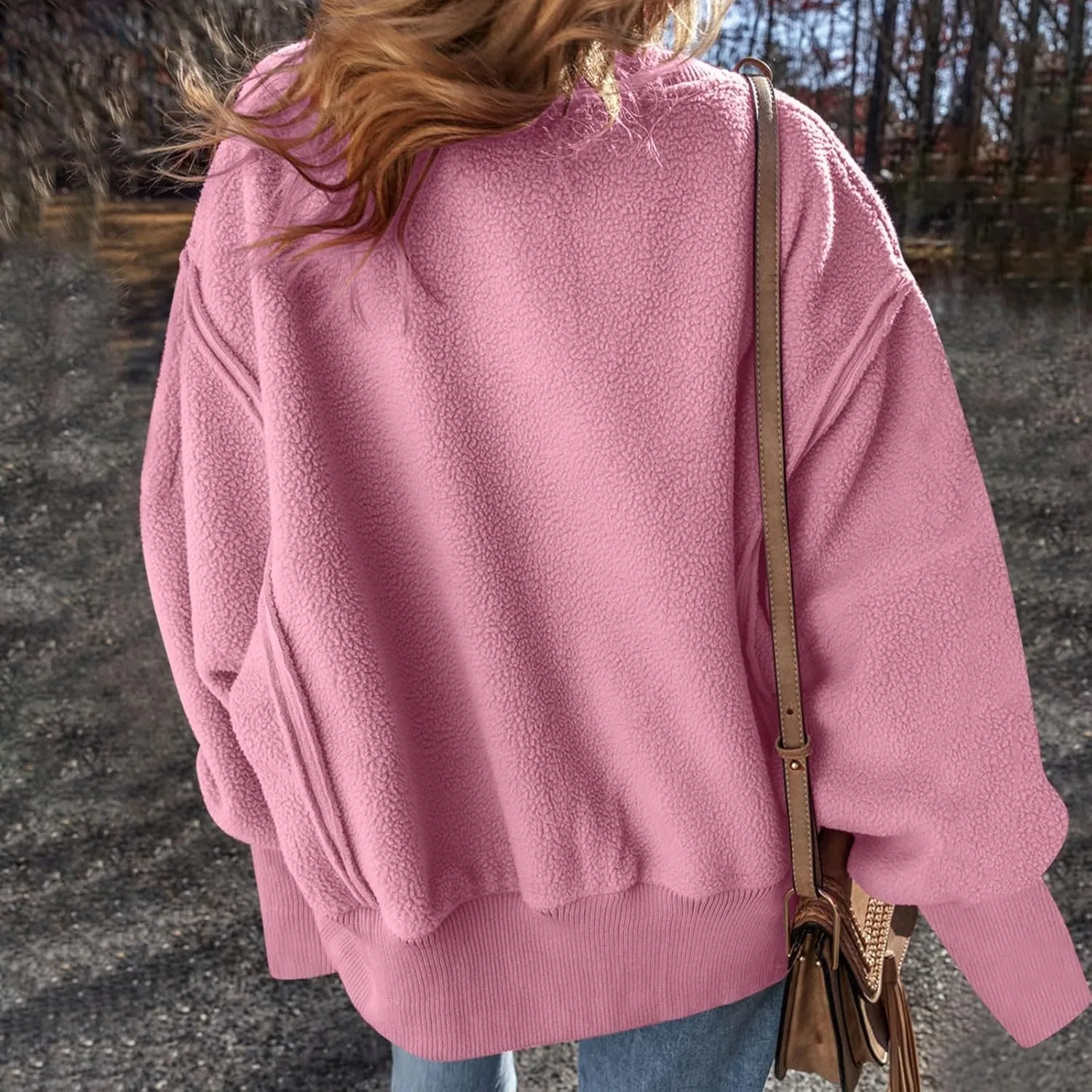 Women's Sherpa Fleece Oversized Sweatshirts Drop Shoulder Long Sleeve Hoodies Crewneck Warm Fuzzy Sweatshirt