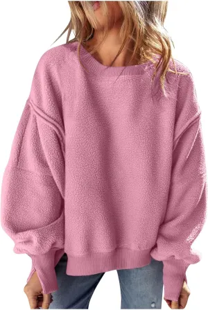 Women's Sherpa Fleece Oversized Sweatshirts Drop Shoulder Long Sleeve Hoodies Crewneck Warm Fuzzy Sweatshirt