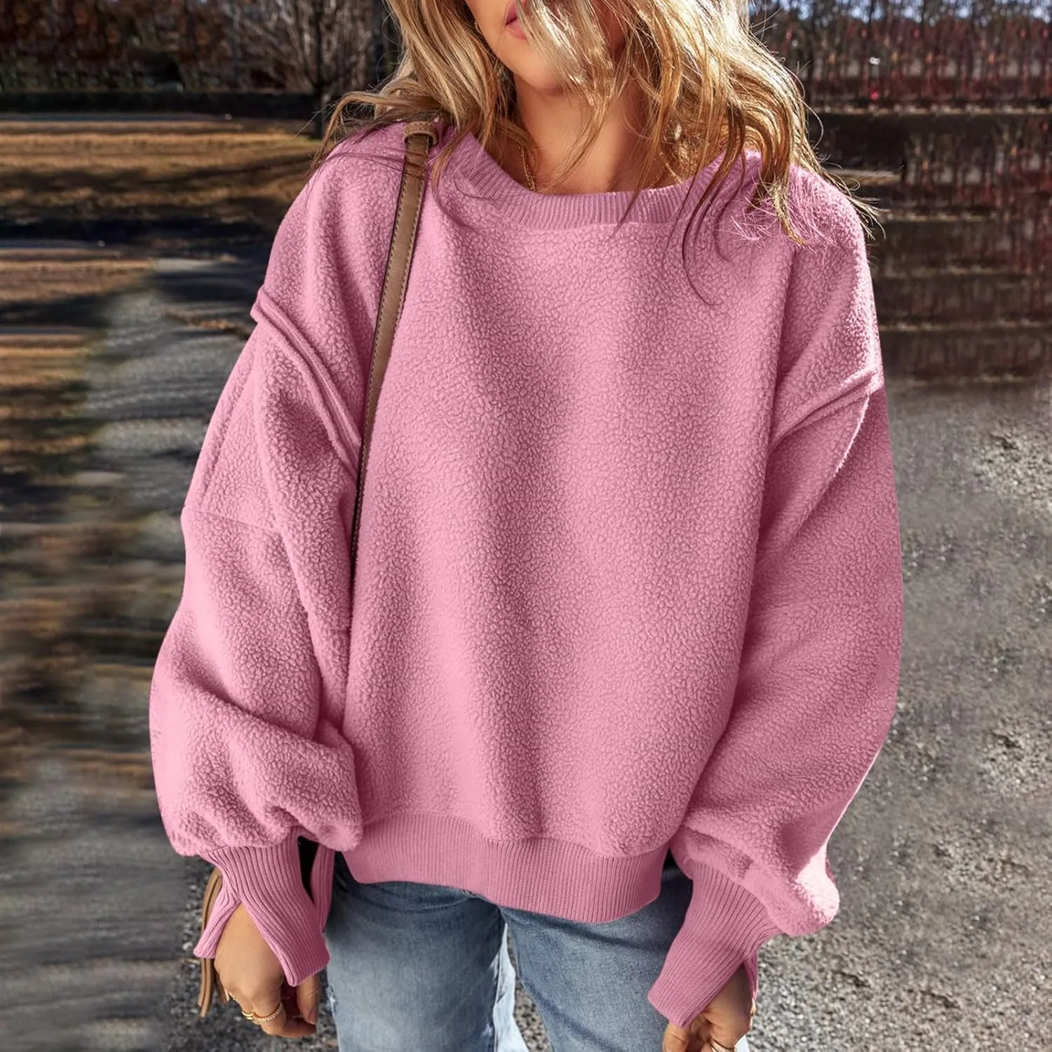 Women's Sherpa Fleece Oversized Sweatshirts Drop Shoulder Long Sleeve Hoodies Crewneck Warm Fuzzy Sweatshirt