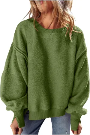 Women's Sherpa Fleece Oversized Sweatshirts Drop Shoulder Long Sleeve Hoodies Crewneck Warm Fuzzy Sweatshirt