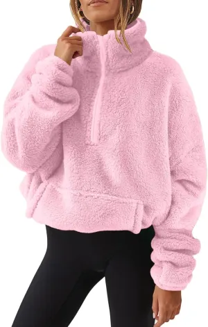 Womens Sherpa Half Zip Sweatshirts Casual Solid Polar Fleece Cropped Pullover Top Fuzzy Winter Jackets with Pockets