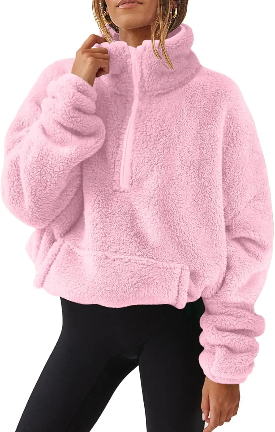 Womens Sherpa Half Zip Sweatshirts Casual Solid Polar Fleece Cropped Pullover Top Fuzzy Winter Jackets with Pockets