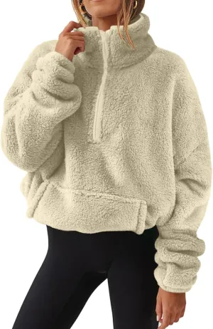 Womens Sherpa Half Zip Sweatshirts Casual Solid Polar Fleece Cropped Pullover Top Fuzzy Winter Jackets with Pockets