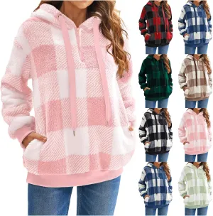 Womens Sherpa Pullover Hoodie Fleece Quarter Zip Sweatshirt Buffalo Plaid Fluffy Coat Outwear
