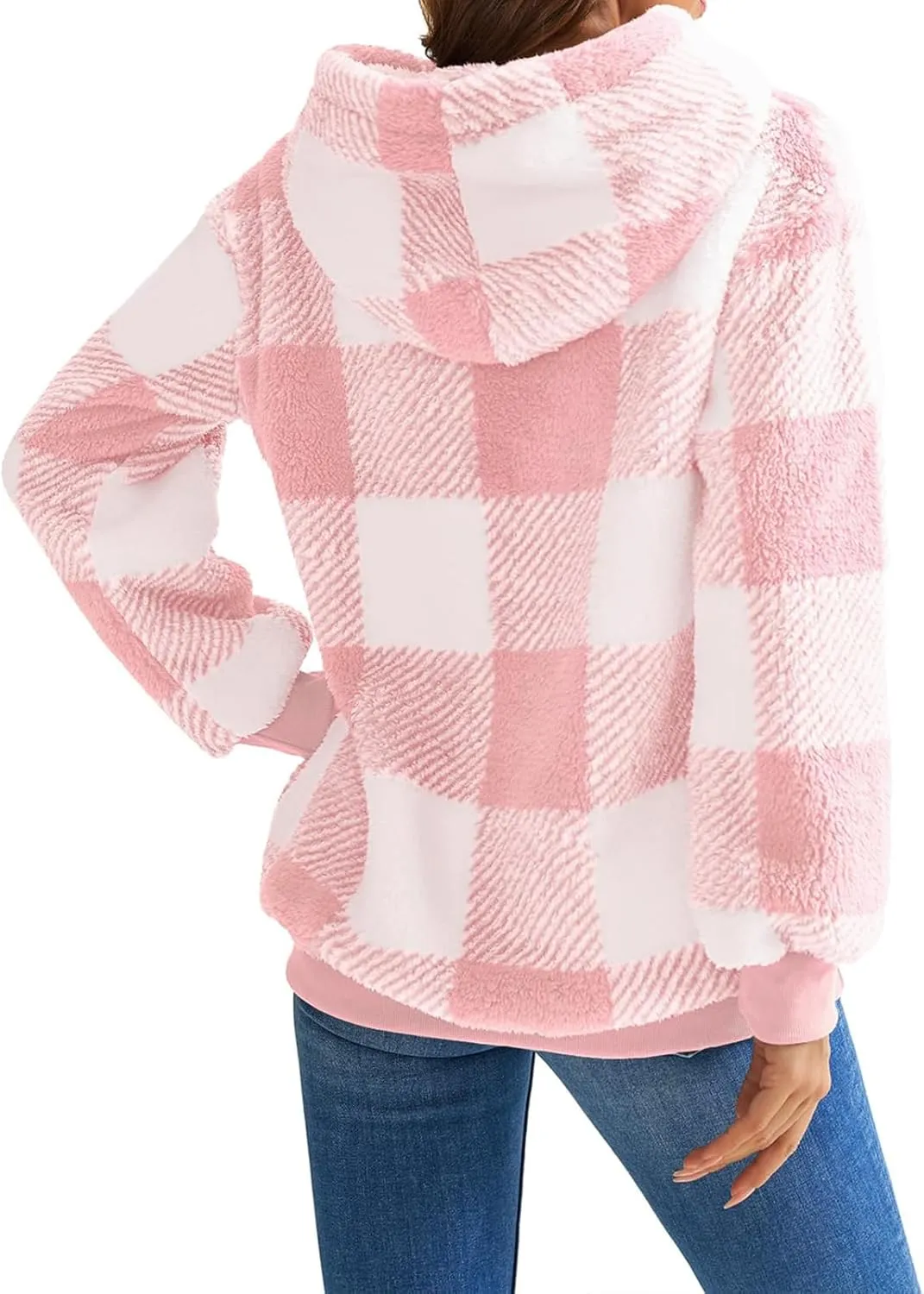 Womens Sherpa Pullover Hoodie Fleece Quarter Zip Sweatshirt Buffalo Plaid Fluffy Coat Outwear