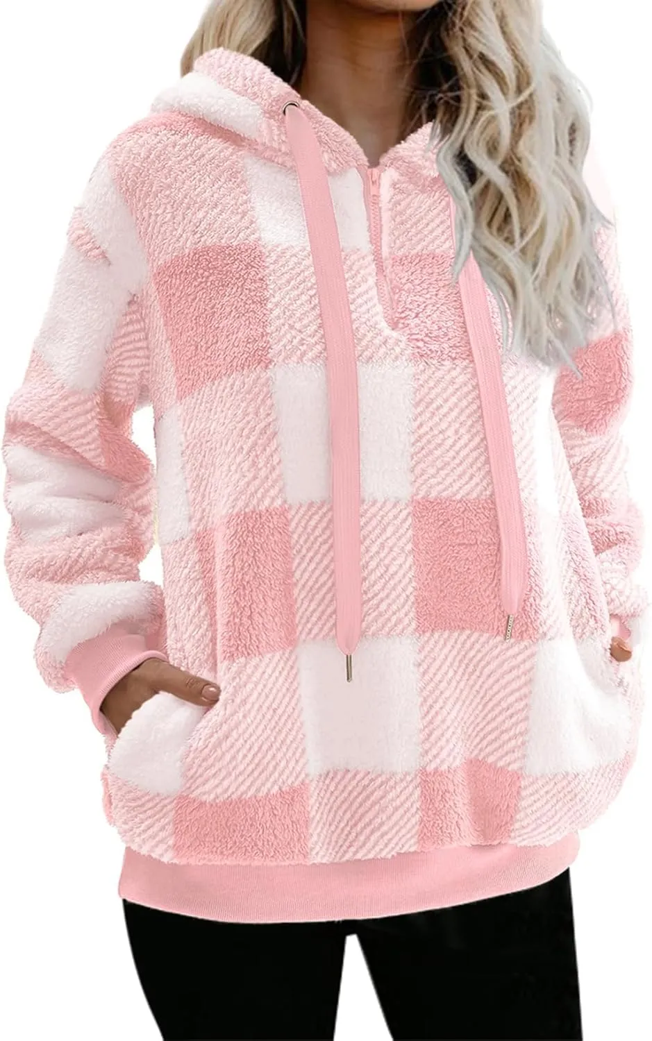 Womens Sherpa Pullover Hoodie Fleece Quarter Zip Sweatshirt Buffalo Plaid Fluffy Coat Outwear
