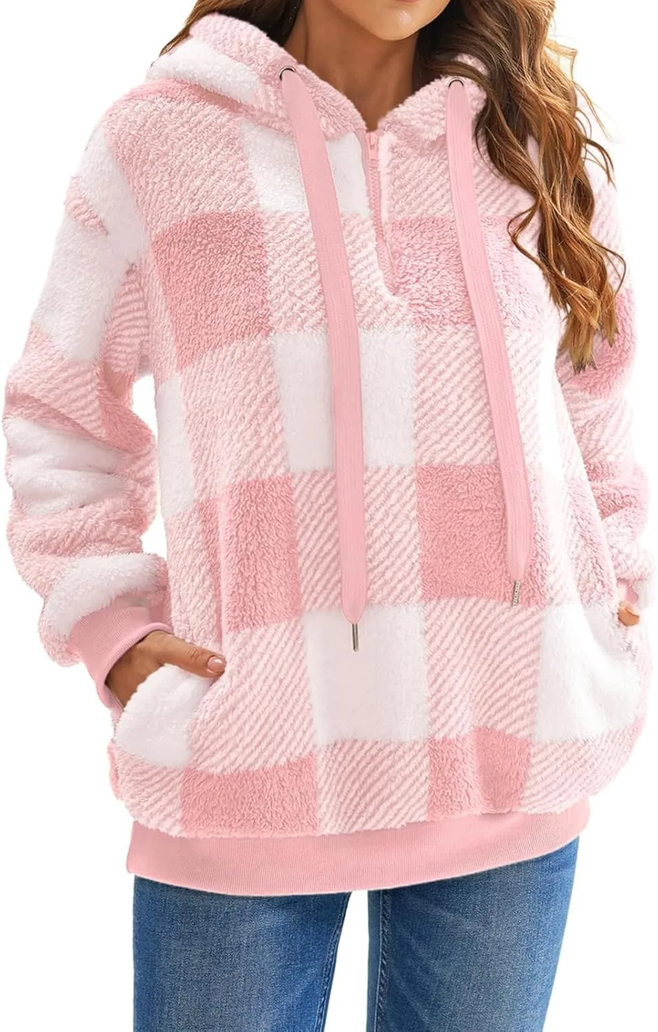 Womens Sherpa Pullover Hoodie Fleece Quarter Zip Sweatshirt Buffalo Plaid Fluffy Coat Outwear