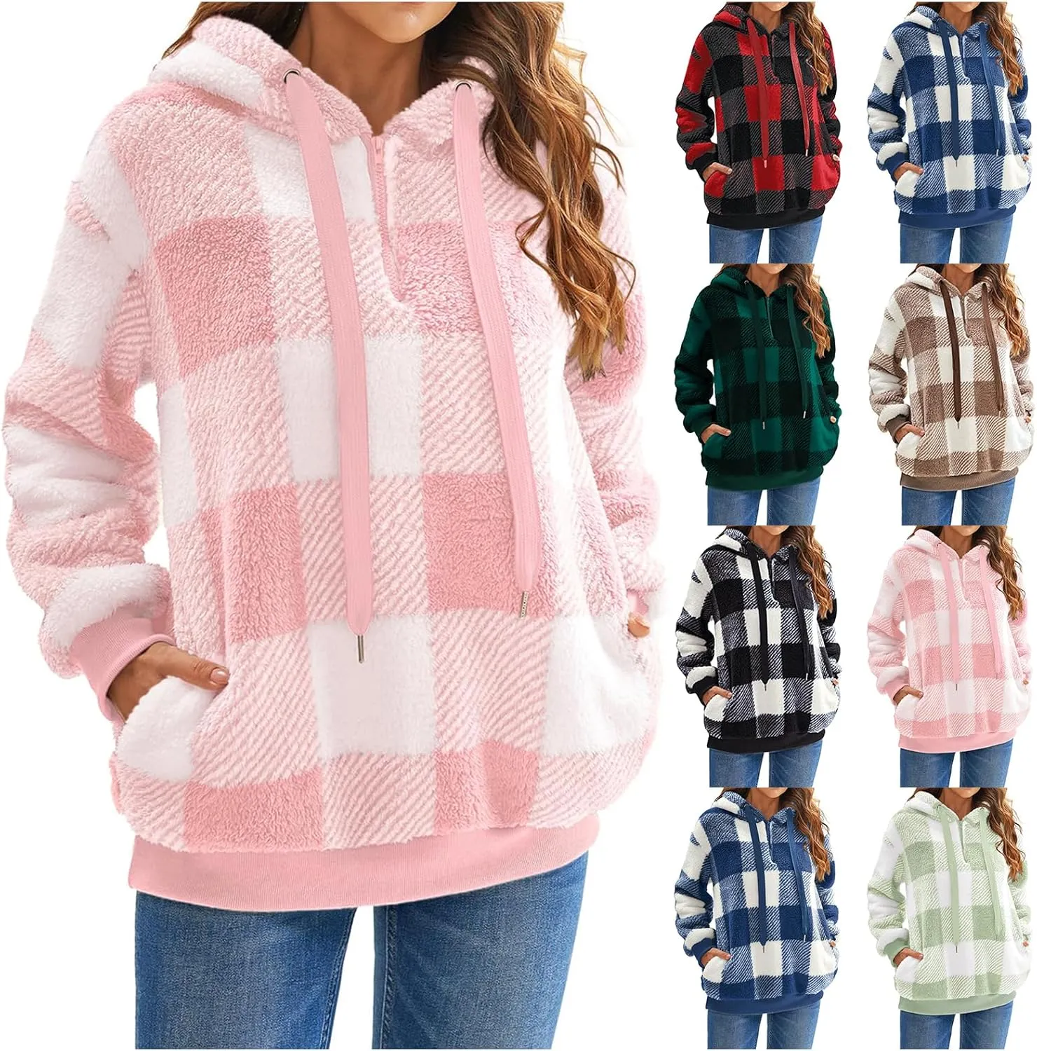 Womens Sherpa Pullover Hoodie Fleece Quarter Zip Sweatshirt Buffalo Plaid Fluffy Coat Outwear