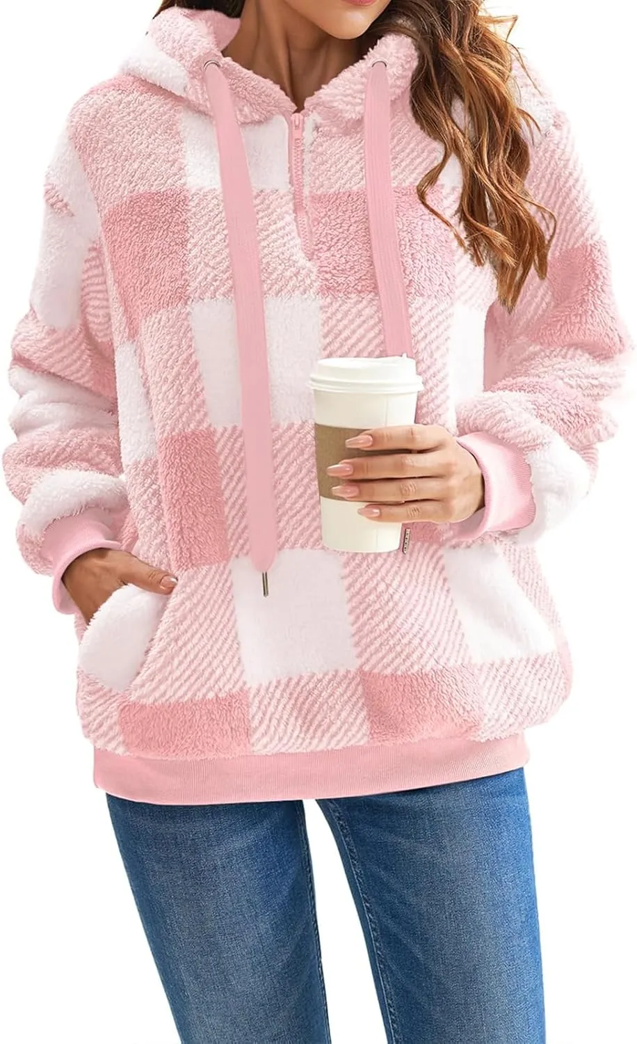 Womens Sherpa Pullover Hoodie Fleece Quarter Zip Sweatshirt Buffalo Plaid Fluffy Coat Outwear