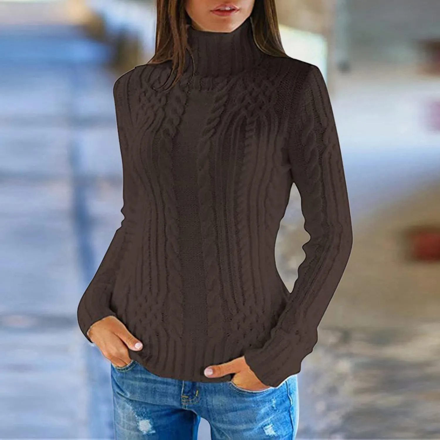 Womens Slim Fit Sexy Sweaters 2024 Winter Cable Knit Light Sweaters for Women Knitted Trendy Turtleneck Solid Warm
