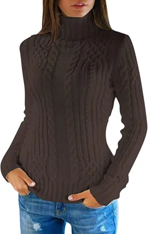 Womens Slim Fit Sexy Sweaters 2024 Winter Cable Knit Light Sweaters for Women Knitted Trendy Turtleneck Solid Warm
