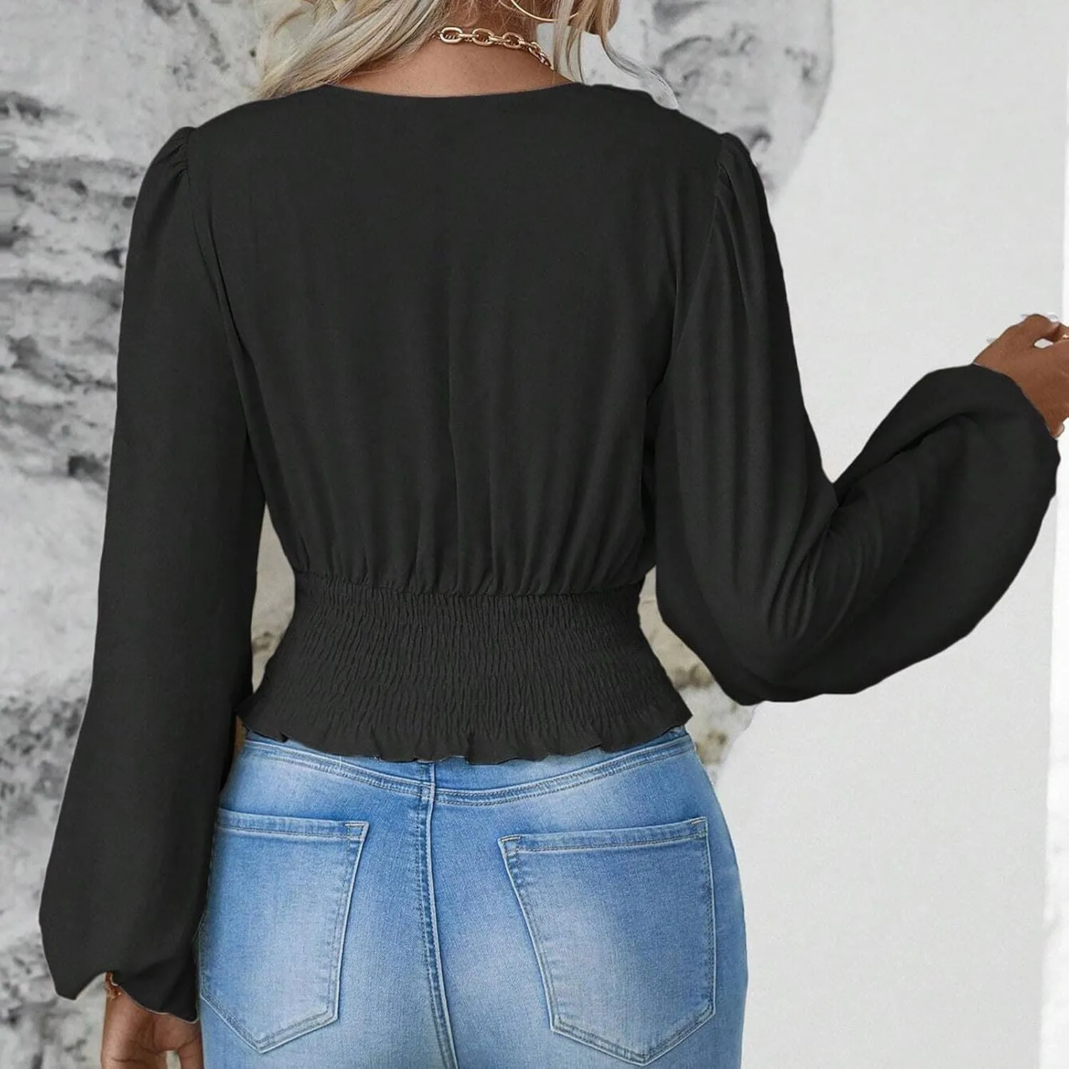Women's Solid Colour Hoodies Waisted V-Neck Long lantern Sleeve Tops Casual Cropped Fashion Fall Outfits 2024