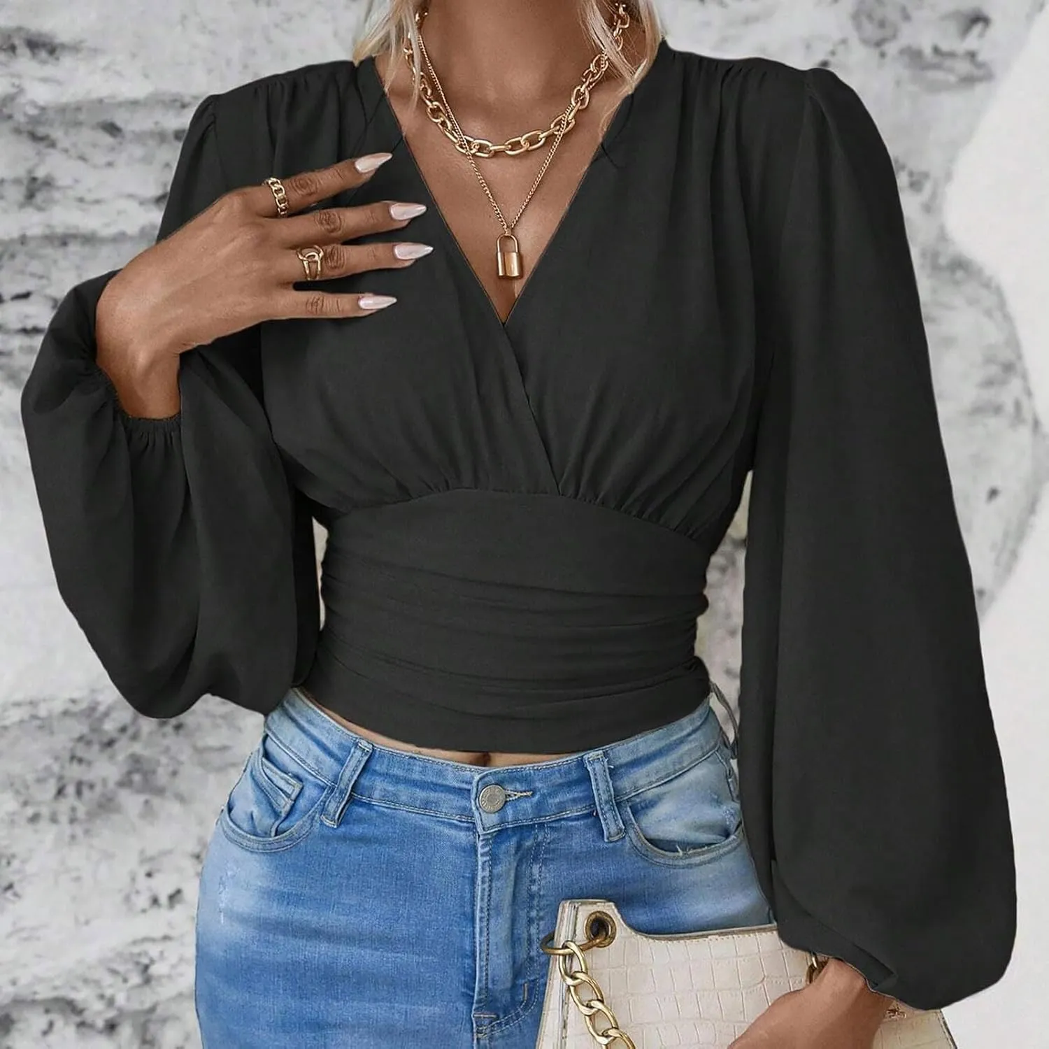 Women's Solid Colour Hoodies Waisted V-Neck Long lantern Sleeve Tops Casual Cropped Fashion Fall Outfits 2024