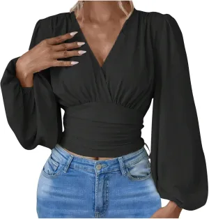 Women's Solid Colour Hoodies Waisted V-Neck Long lantern Sleeve Tops Casual Cropped Fashion Fall Outfits 2024