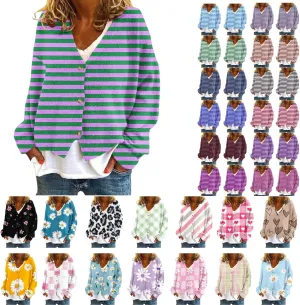 Women's Striped Cardigan Sweater 2024 Lightweight Fall Printed Knit Outerwear Casual V Neck Button Down Coats