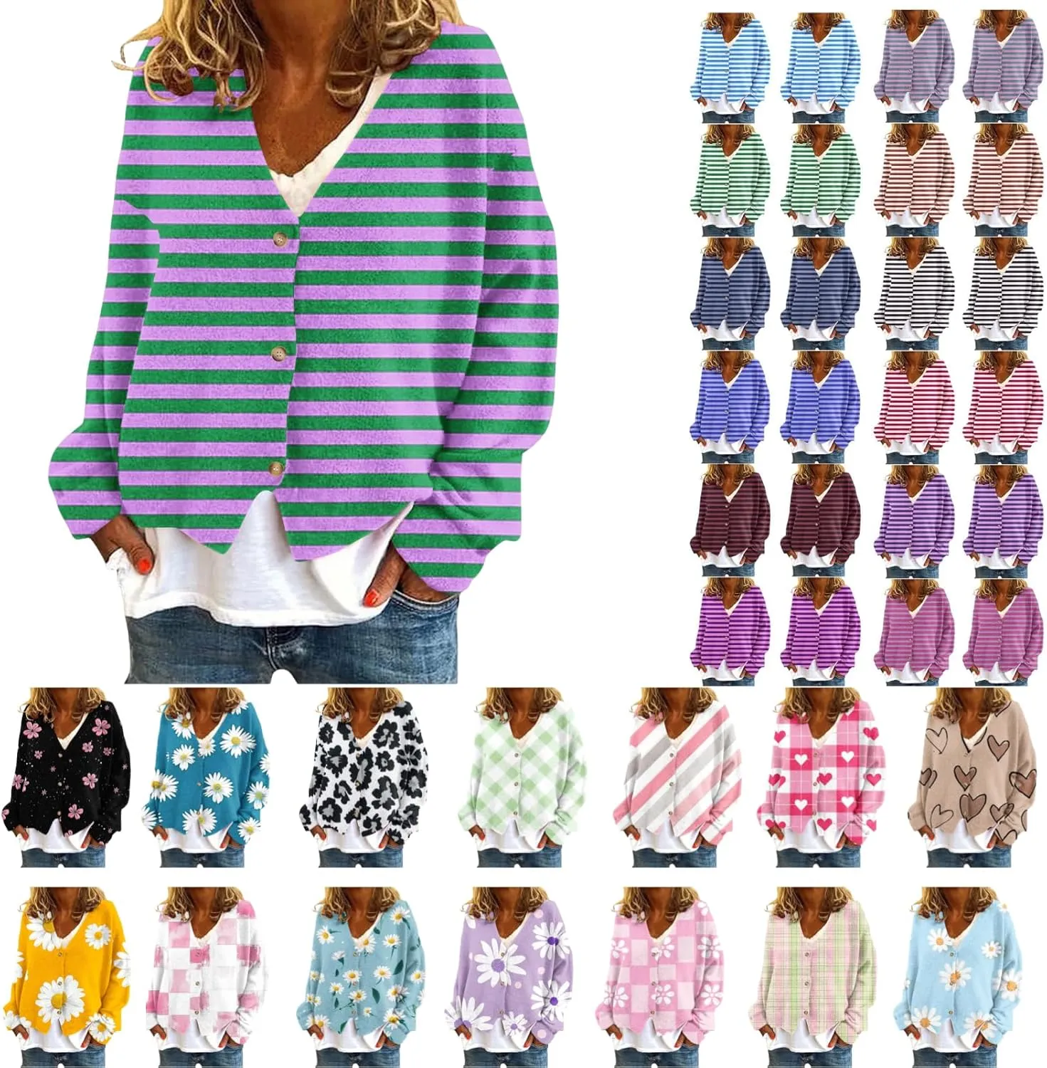 Women's Striped Cardigan Sweater 2024 Lightweight Fall Printed Knit Outerwear Casual V Neck Button Down Coats