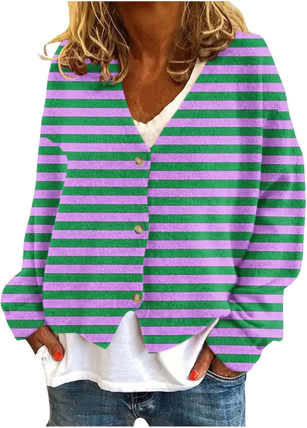 Women's Striped Cardigan Sweater 2024 Lightweight Fall Printed Knit Outerwear Casual V Neck Button Down Coats