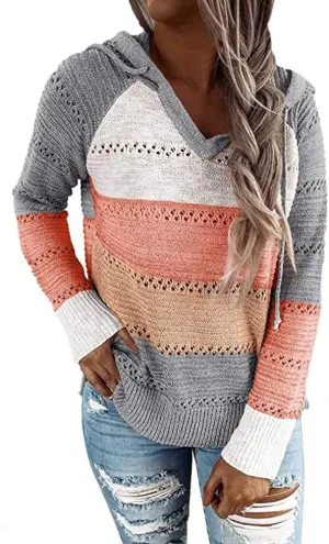 Womens Striped Color Block Sweater Casual Drawstring Hoodies Fashion V Neck Knit Sweater Pullovers
