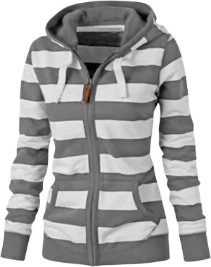 Womens Striped Hooded Jackets Zip Up Hoodie Casual Fashion Sweatshirts Long Sleeve Windproof Fall Winter New Tops
