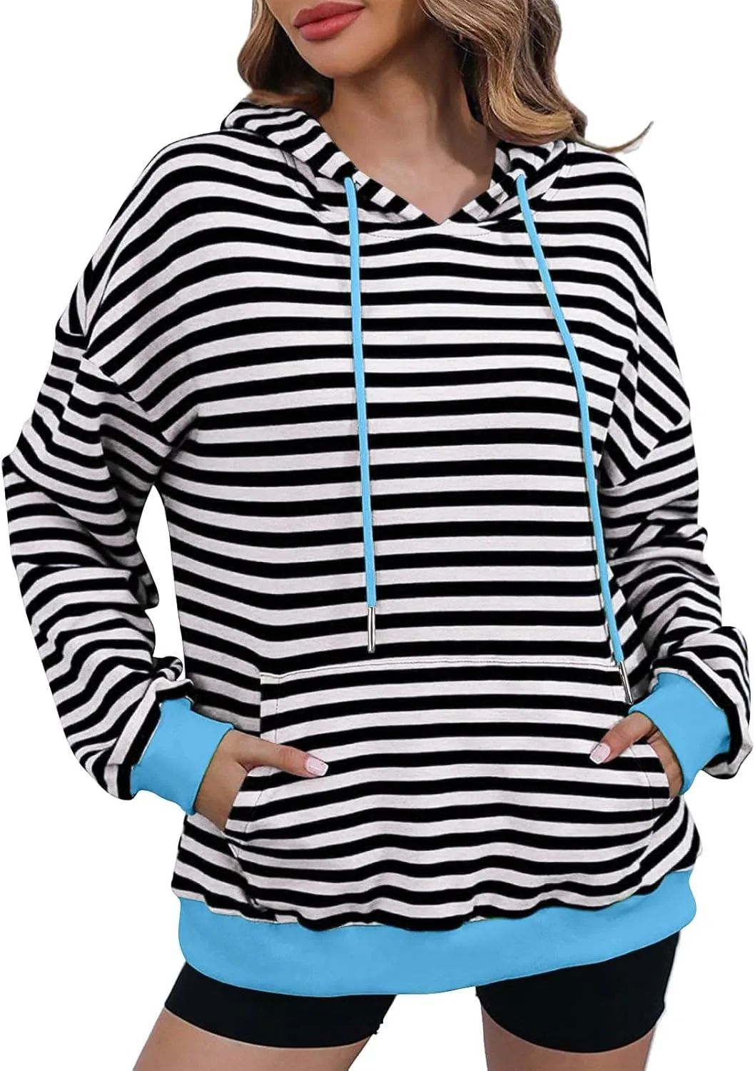 Womens Striped Hoodies 2024 Long Sleeve Sweatshirts Casual Crewneck Oversized Pullover Tops Teen Girls Clothes