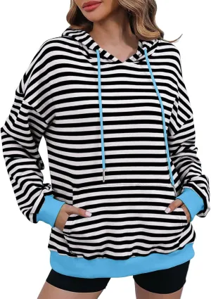 Womens Striped Hoodies 2024 Long Sleeve Sweatshirts Casual Crewneck Oversized Pullover Tops Teen Girls Clothes