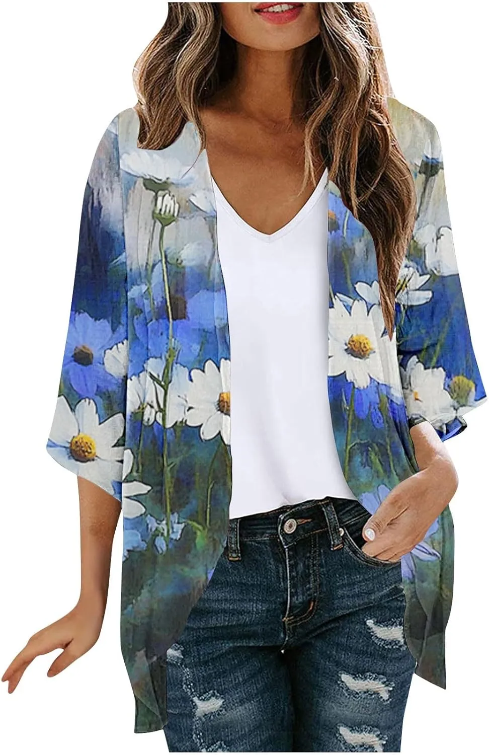 Womens Summer 3/4 Sleeve Chiffon Kimono Cardigan Work Swimsuit Open Cover Ups Front Flowy Loose Beach Coverups