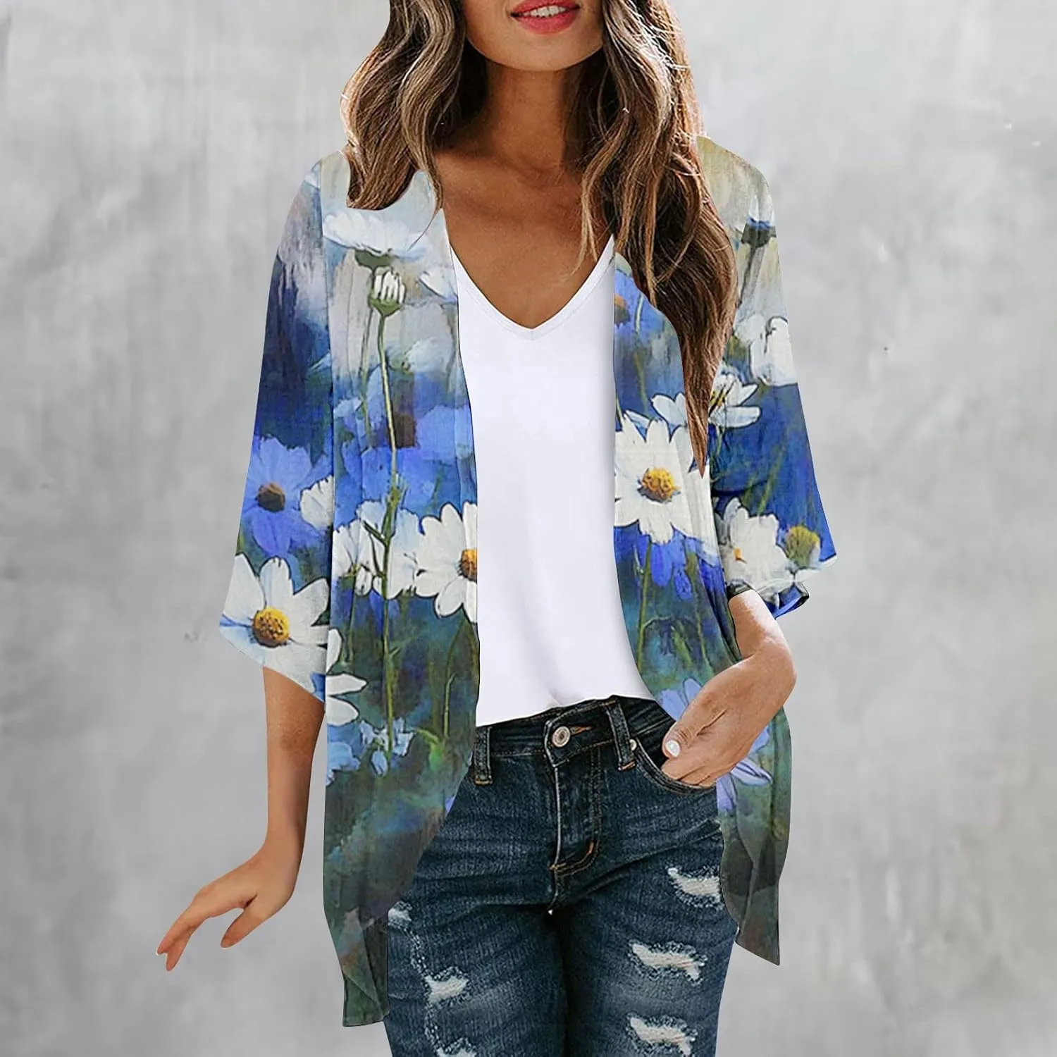 Womens Summer 3/4 Sleeve Chiffon Kimono Cardigan Work Swimsuit Open Cover Ups Front Flowy Loose Beach Coverups