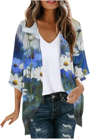 Womens Summer 3/4 Sleeve Chiffon Kimono Cardigan Work Swimsuit Open Cover Ups Front Flowy Loose Beach Coverups