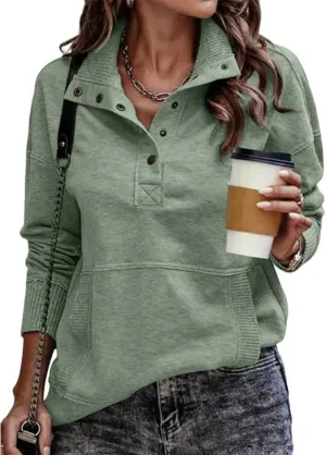 Women's Sweatshirt Casual Long Sleeve Lightweight Sweatshirts Snap Button Up Lapel Loose Pullover Tops for Women