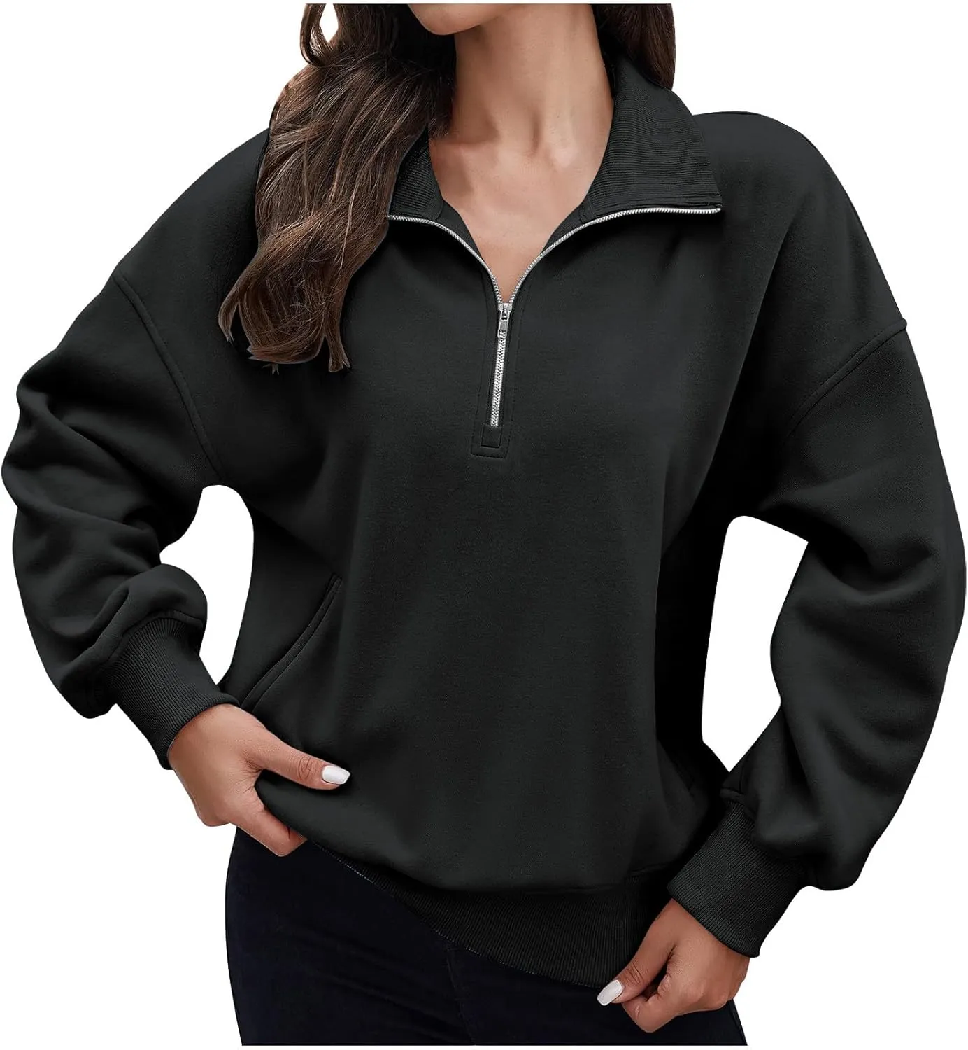 Womens Sweatshirt Half Zip Cropped Pullover Top Black Stand Collar Sweatshirs With Pockets Fleece Soft Pullover Sweater