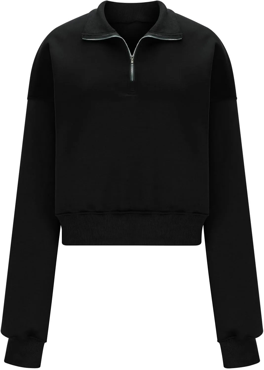 Womens Sweatshirt Half Zip Cropped Pullover Top Black Stand Collar Sweatshirs With Pockets Fleece Soft Pullover Sweater