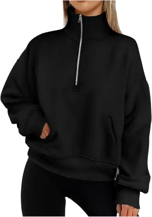 Womens Sweatshirt Half Zip Cropped Pullover Top Black Stand Collar Sweatshirs With Pockets Fleece Soft Pullover Sweater