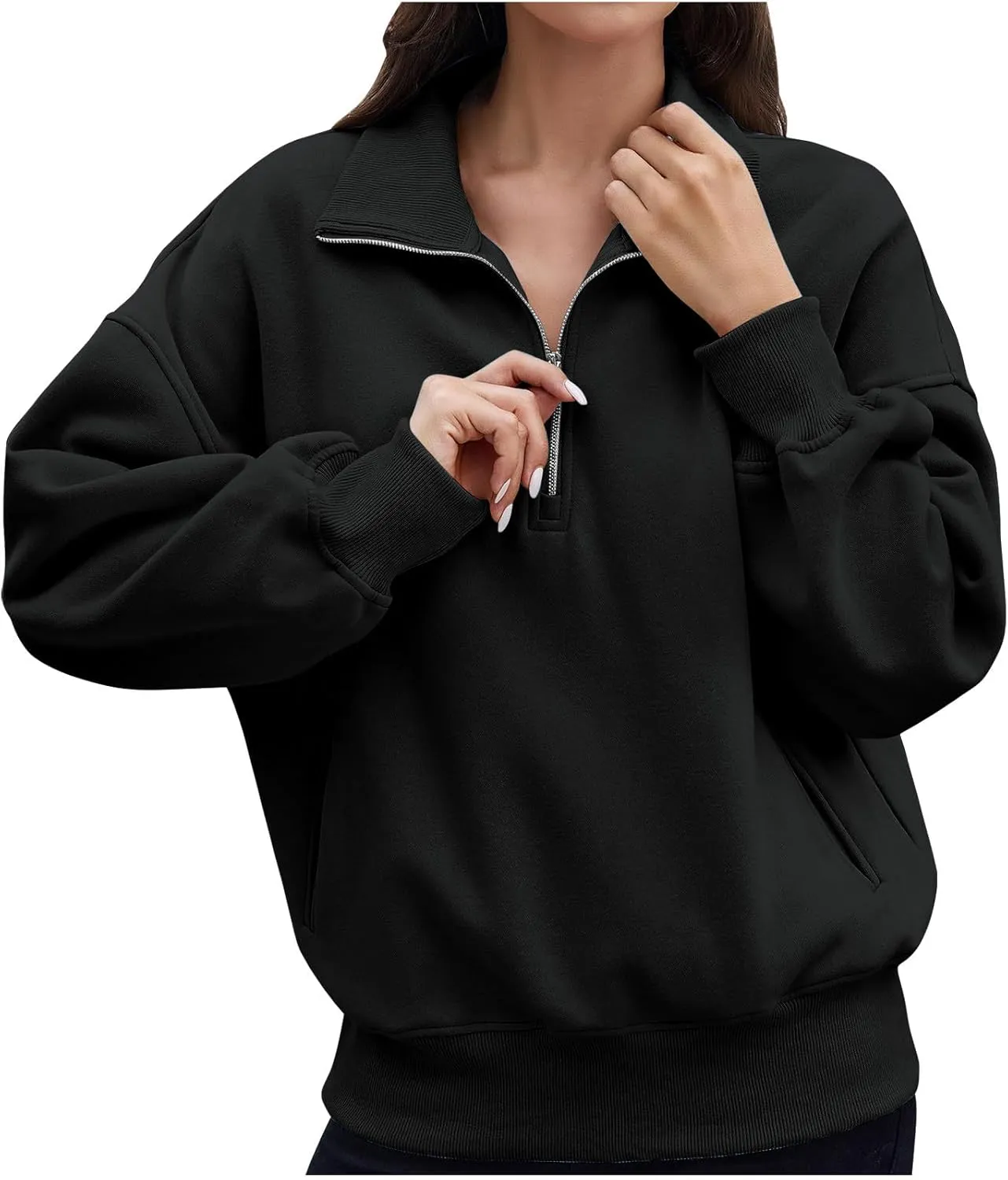 Womens Sweatshirt Half Zip Cropped Pullover Top Black Stand Collar Sweatshirs With Pockets Fleece Soft Pullover Sweater