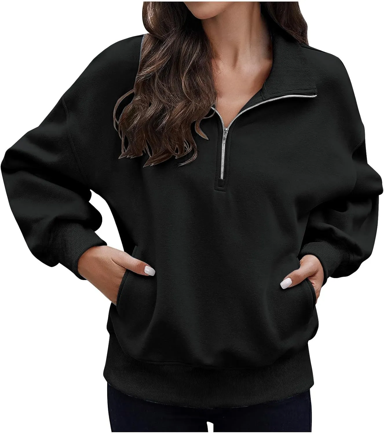 Womens Sweatshirt Half Zip Cropped Pullover Top Black Stand Collar Sweatshirs With Pockets Fleece Soft Pullover Sweater