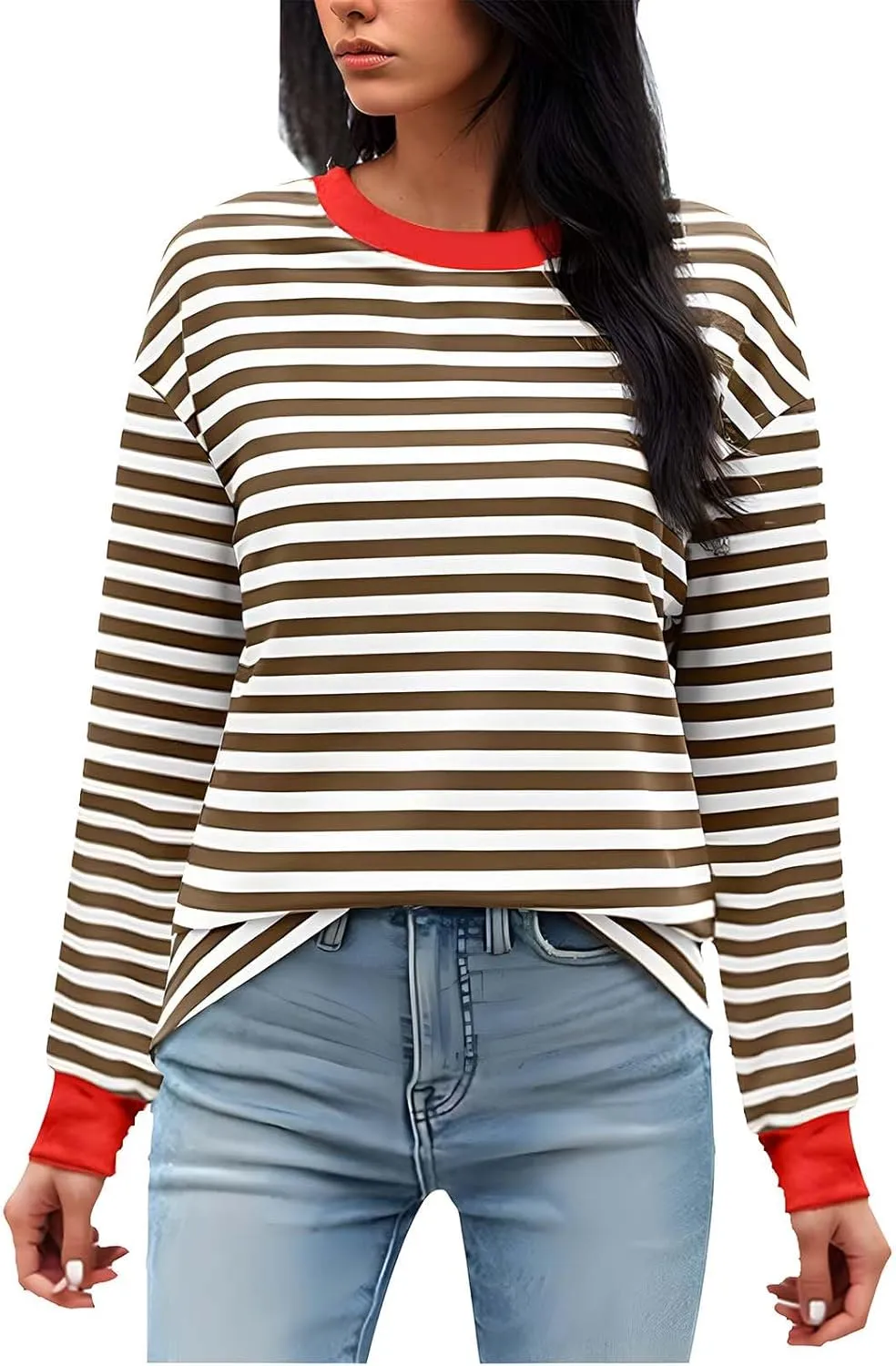 Womens Sweatshirts Crew Neck Long Sleeve Striped Colour Block Pullover Sweaters Fleece Casual Fall Trendy Clothes 2024