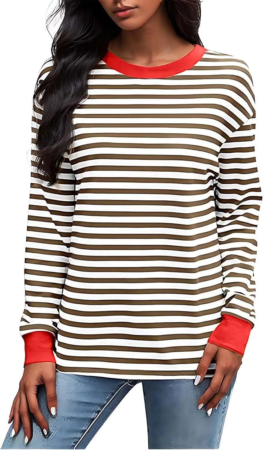Womens Sweatshirts Crew Neck Long Sleeve Striped Colour Block Pullover Sweaters Fleece Casual Fall Trendy Clothes 2024