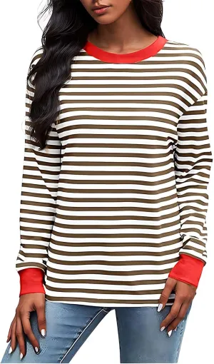 Womens Sweatshirts Crew Neck Long Sleeve Striped Colour Block Pullover Sweaters Fleece Casual Fall Trendy Clothes 2024