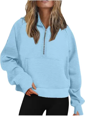 Womens Sweatshirts Half Zip Cropped Pullover Fleece Quarter Zipper Hoodies Fall Fashion Outfits With Pocket