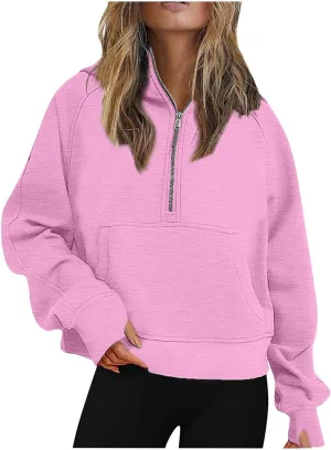 Womens Sweatshirts Half Zip Cropped Pullover Fleece Quarter Zipper Hoodies Fall Fashion Outfits With Pocket