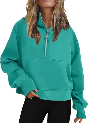 Womens Sweatshirts Half Zip Cropped Pullover Fleece Quarter Zipper Hoodies Thumb Hole Solid Sweatshirt with Pocket