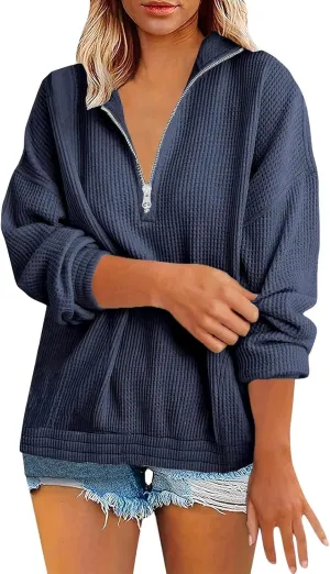 Womens Sweatshirts Waffle Lapel Collar Quarter Zip Up Loose Long Sleeve Lightweight Hoodies Autumn Casual Workout Top
