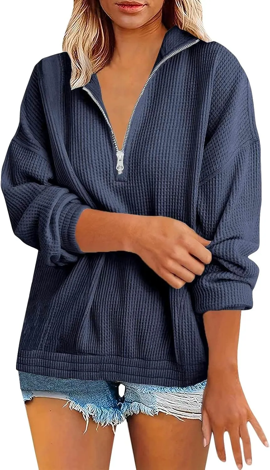 Womens Sweatshirts Waffle Lapel Collar Quarter Zip Up Loose Long Sleeve Lightweight Hoodies Autumn Casual Workout Top
