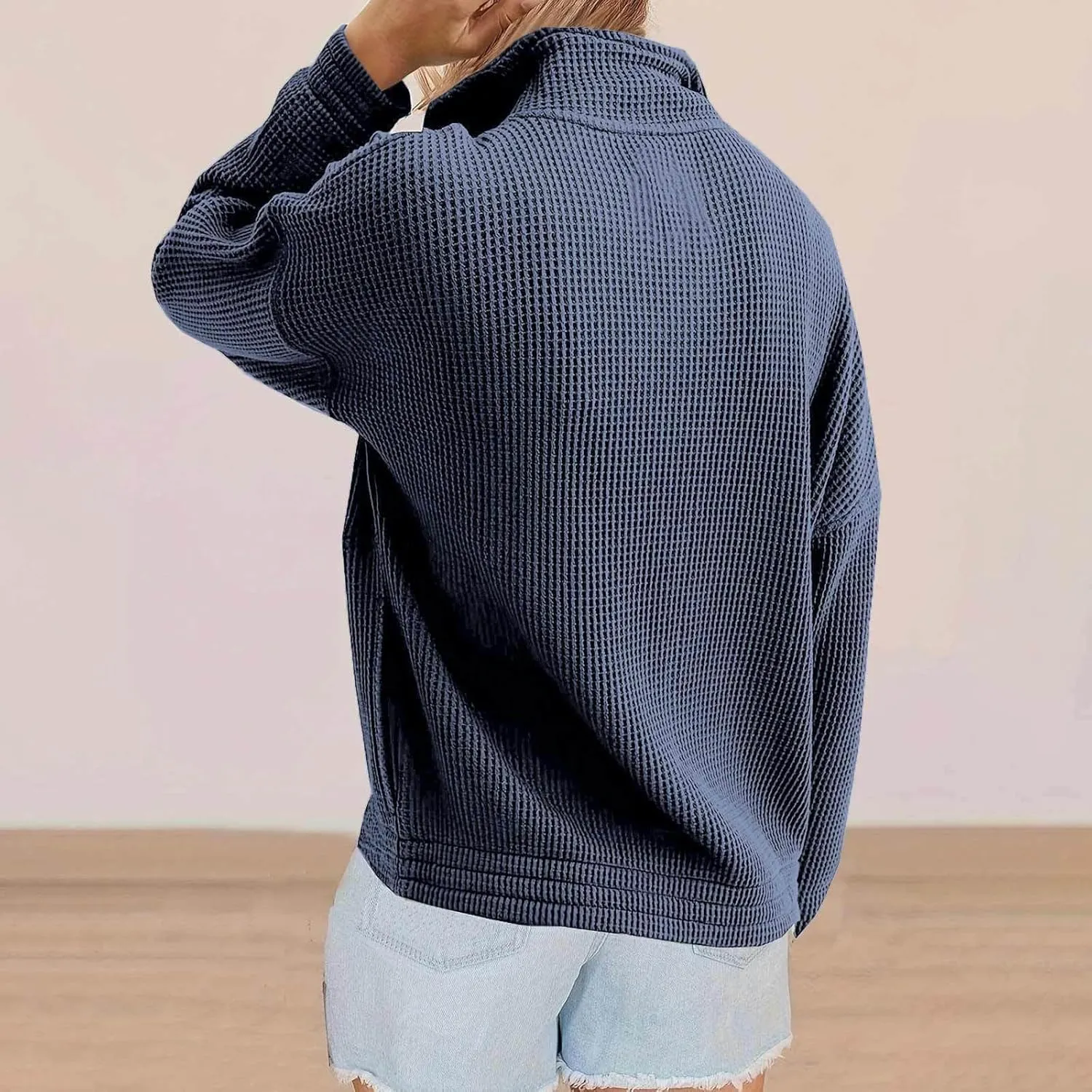 Womens Sweatshirts Waffle Lapel Collar Quarter Zip Up Loose Long Sleeve Lightweight Hoodies Autumn Casual Workout Top