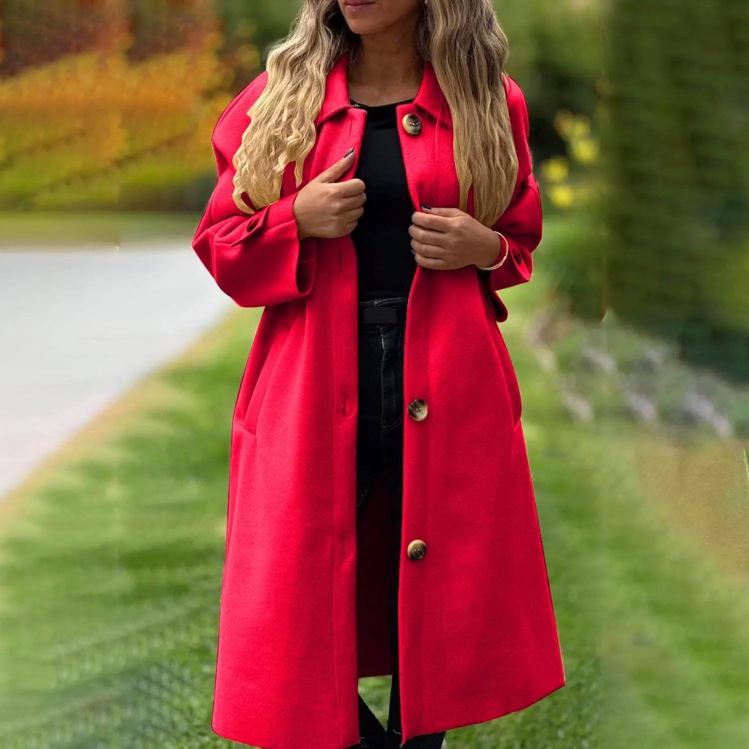 Womens Trench Coat Long Loose Fashion Single Breasted Long Sleeve Wool Blend Coat Fall Winter Lapel Casual Overcoat