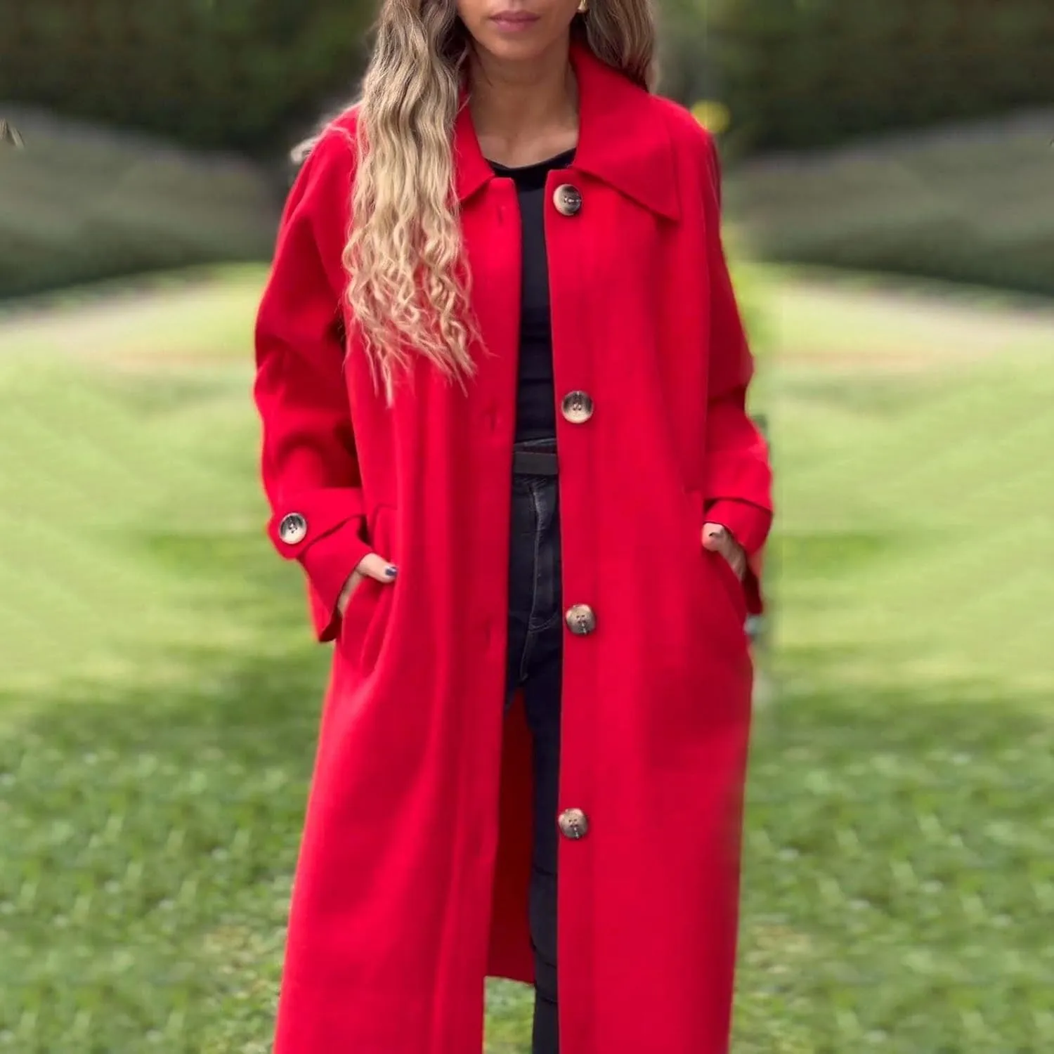 Womens Trench Coat Long Loose Fashion Single Breasted Long Sleeve Wool Blend Coat Fall Winter Lapel Casual Overcoat