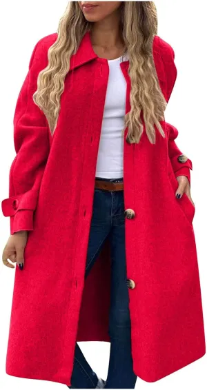 Womens Trench Coat Long Loose Fashion Single Breasted Long Sleeve Wool Blend Coat Fall Winter Lapel Casual Overcoat