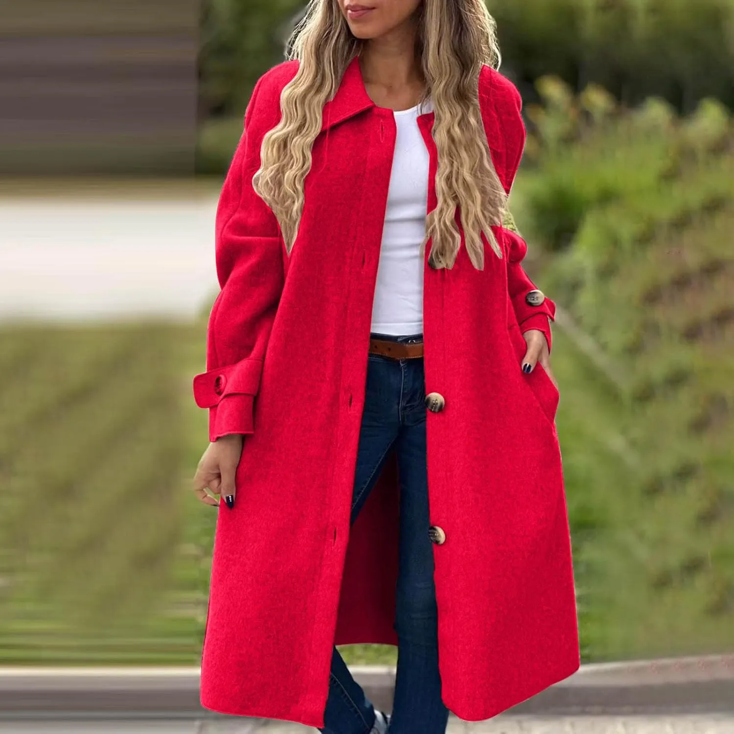 Womens Trench Coat Long Loose Fashion Single Breasted Long Sleeve Wool Blend Coat Fall Winter Lapel Casual Overcoat